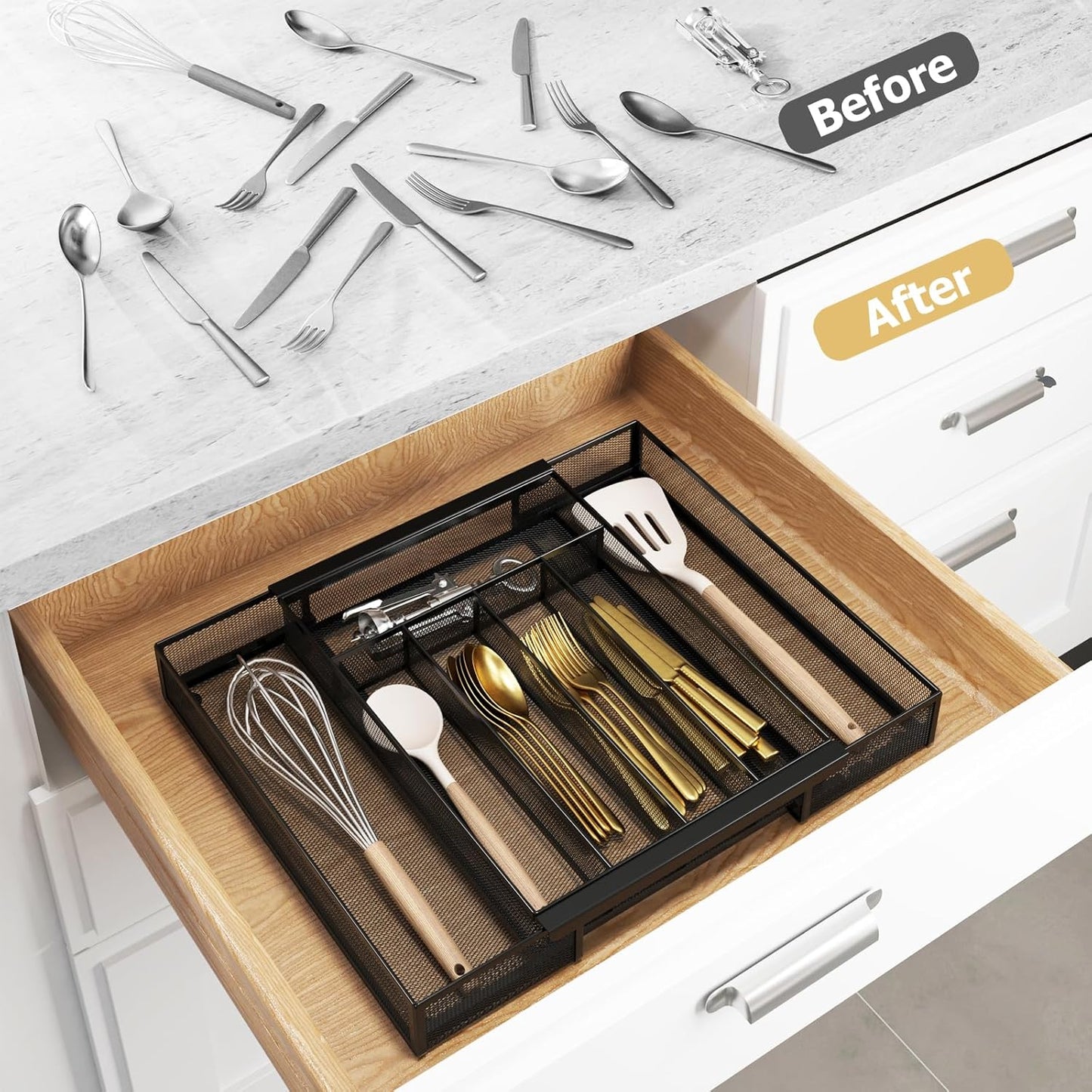 Sedegn Silverware Organizer Metal Mesh, Large Drawer Organizer, Utensil Cutlery Tray for kitchen drawers, Flatware Organizer with 6 Compartment, Black (11.3”*16“)