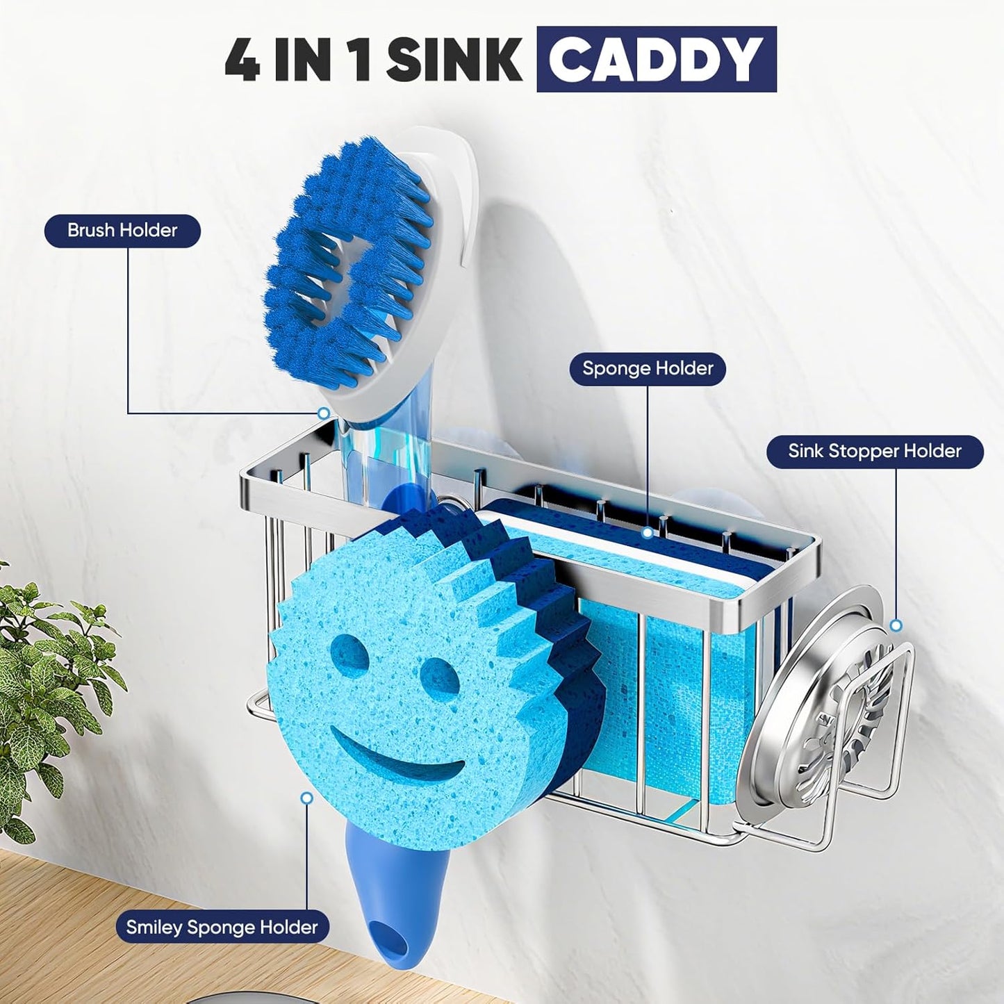 MURLONG Sponge Holder for Kitchen Sink,Sink Caddy Smiley Face,4-in-1 Sponge Holder with Suction Cups & 1 PCS Adhesive Strips for Holding Soap,Brush,Scrubber,Sponge,Stopper-Black