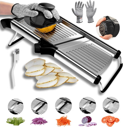 Groa Adjustable Mandoline Slicer for Kitchen– French Fry Cutter, Potato Slicer Vegetable Slicer Tomato Slicer in Kitchen Essentials with Resistant Gloves- Stainless Steel Mandolin vegetable cutter