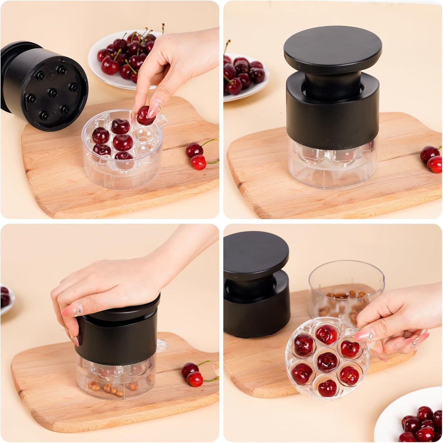 Cherry Pitter, 7-Hole Long Plunger Push Button Cherry Core Remover Tool with Splatter Protector, Quickly Pitting Cherries for Making Jam, Pies (White)