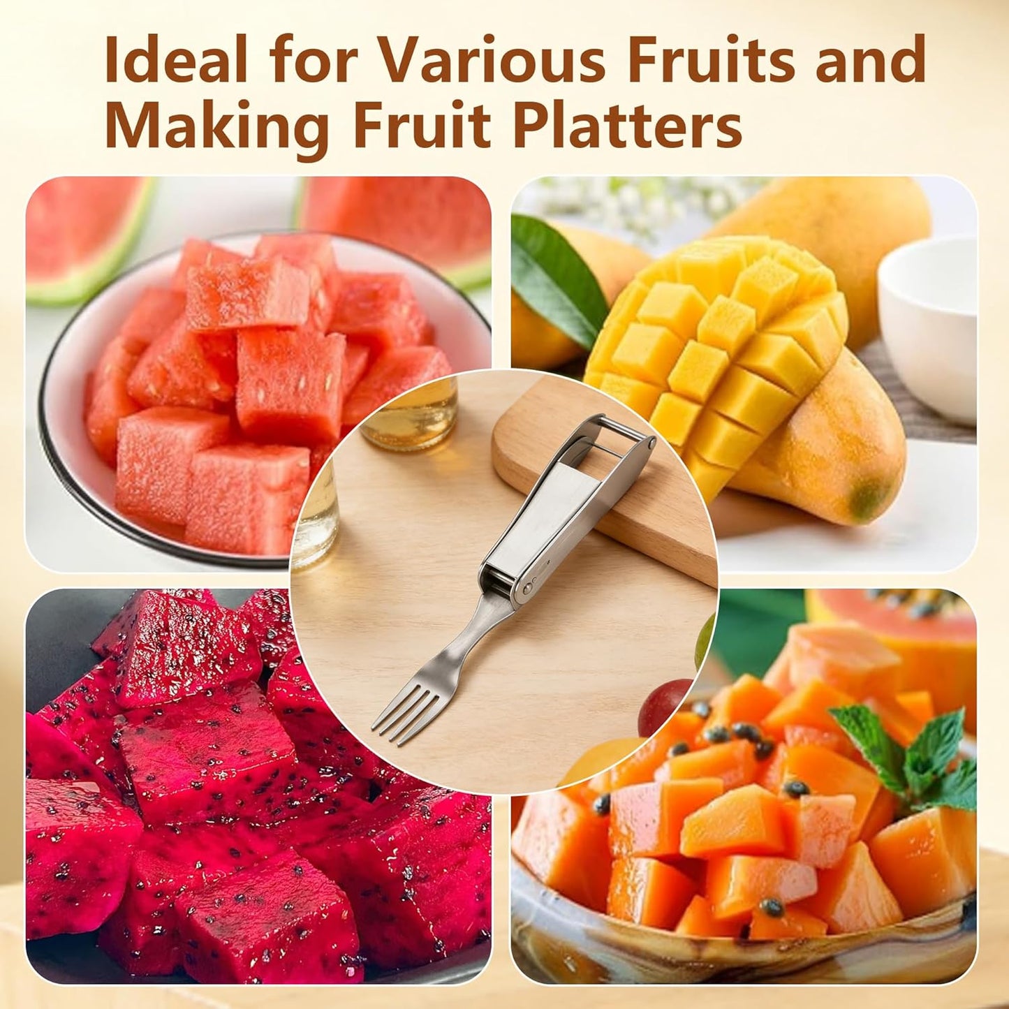 Watermelon Cutter, 2-in-1 Stainless Steel Fruit Cutter, Dual Head Watermelon Fork Slicer Tool, Summer Fruit Cutting Kitchen Gadget for Home (Round-2PCS)