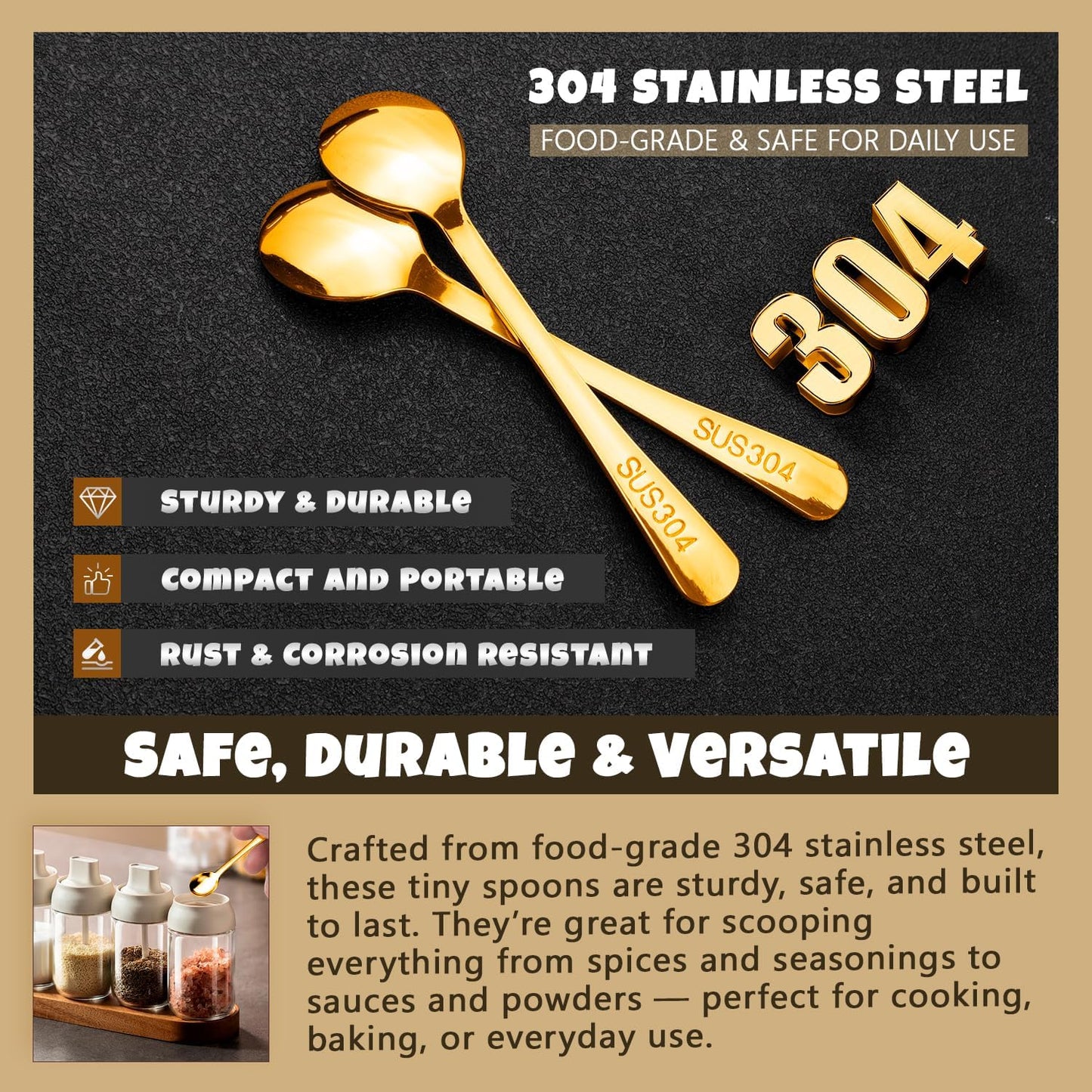 Small Spoons for Spice Jars 8 Pcs Mini Spoons Set, 2.9 Inch SUS 304 Stainless Steel Tiny Spoon for Spices, Salt, Pepper, Condiment, Sugar, Honey, Coffee (Gold)
