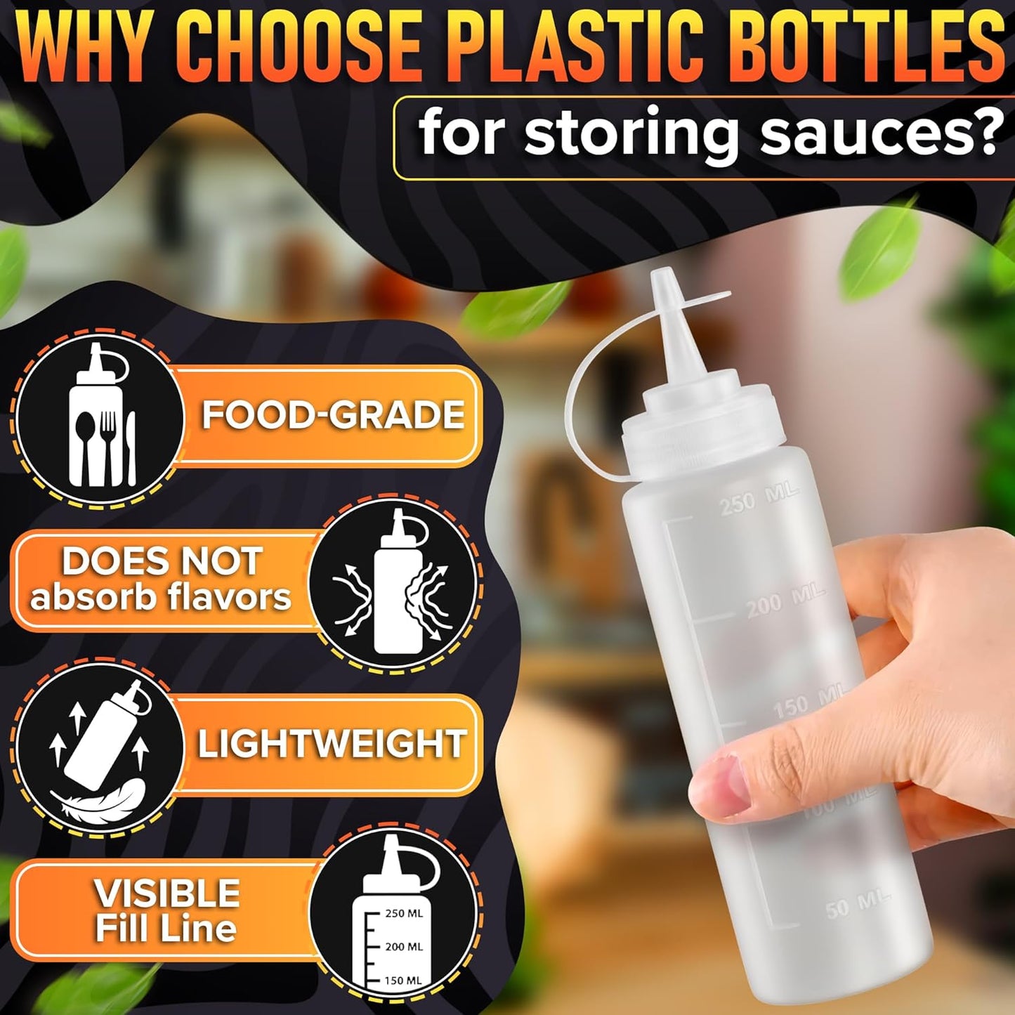 Set of 6 Inverted Condiment Squeeze Bottles 16 oz – Upgraded Design with Added Sealing Gaskets, Self-Closing Valve, Easy-to-Fill Clear Bottles for Sauces, Dressings, Ketchup, Mustard for Everyday Use