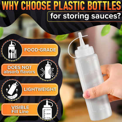 Set of 6 Inverted Condiment Squeeze Bottles 16 oz – Upgraded Design with Added Sealing Gaskets, Self-Closing Valve, Easy-to-Fill Clear Bottles for Sauces, Dressings, Ketchup, Mustard for Everyday Use