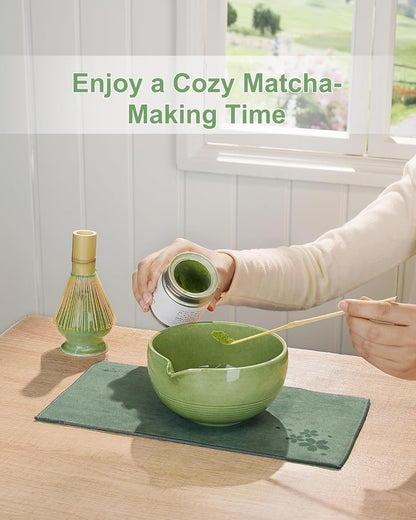 ZENS Pink Matcha Set, Matcha Whisk Set Includes 15oz Ceramic Bowl & (Chasen Holder), Bamboo Whisk & Scoop, Sifter and Pink Tea Towel, 6pcs Matcha Kit for Matcha Lovers