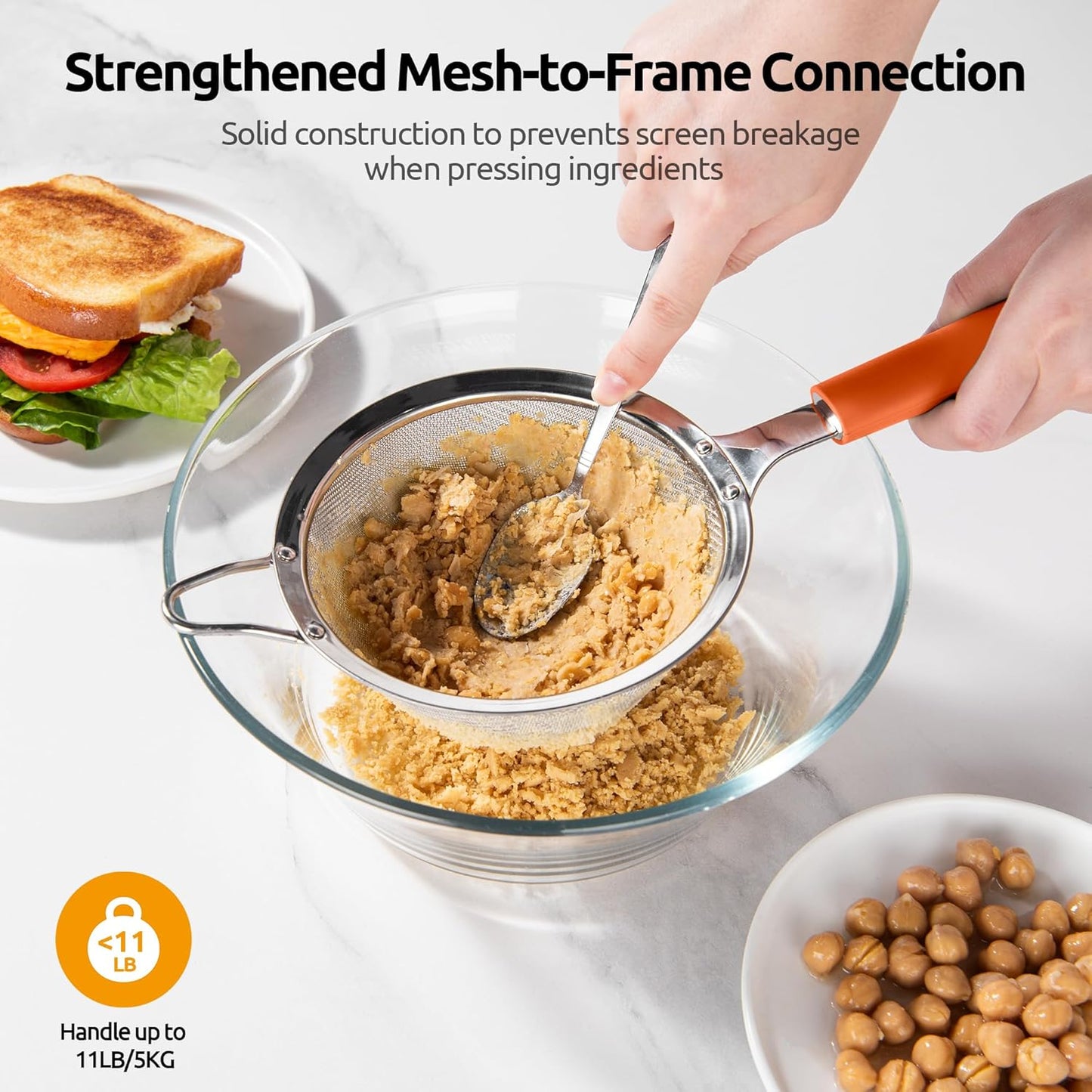 U-Taste Medium Fine Mesh Strainer: 18/8 Stainless Steel 4.73in 30 Mesh Kitchen Food Sieve with Sturdy Riveted Silicone Handle, Heavy Duty Deep Handheld Metal Colander for Rice, Quinoa, Flour (Black)