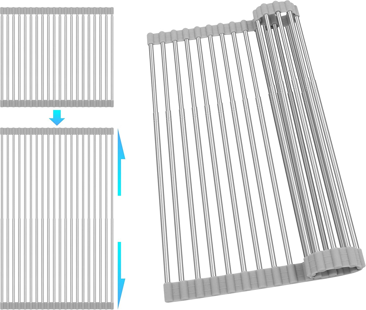Roll Up Dish Drying Rack, Adjustable Over Sink Dish Drying Rack for Kitchen, 10"-20" Foldable Sink Rack to Dry Dishes & Drain Items, Stainless Steel Over Sink Cover Drying Mat