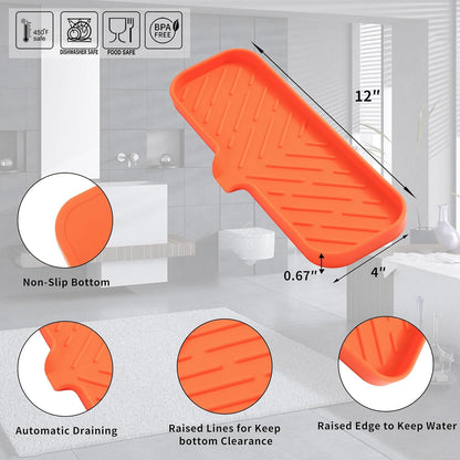 MicoYang Silicone Soap Dish with Drain Spout, Self-Draining Sink Organizer Tray for Bathroom and Kitchen, Sponges, Dispensers and Soap Holder, Non-Slip and Dishwasher Safe, Black (Compact, 4.9"×3.2")