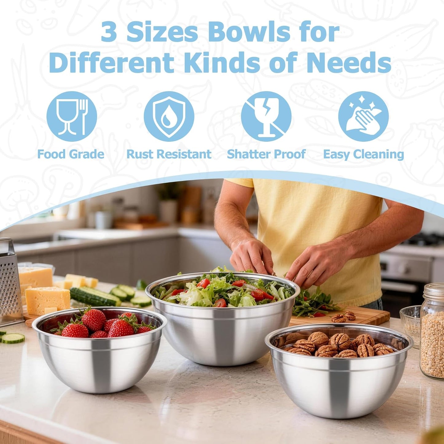 TeamFar Mixing Bowls with Lids, 4.5/3/1.5 QT Stainless Steel Nesting Salad Bowls with Airtight Lids, For Serving/Mixing/Storing/Prepping, Healthy & Sturdy, Visible & Easy Clean, Khaki, Set of 3