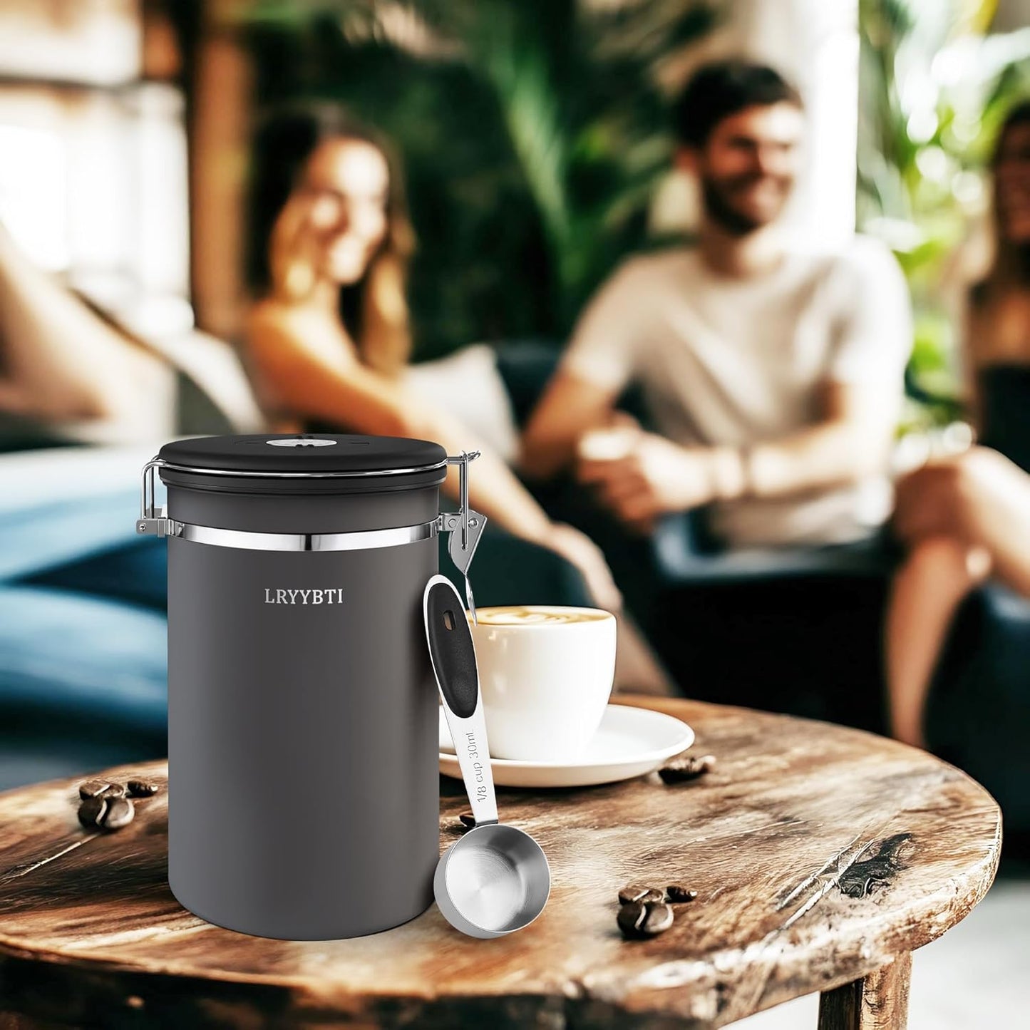 Coffee Canisters with Window,Scoop and Airtight Lid Stainless Steel Kitchen Bean Storage Grounds Container Date Tracker and Scoop for Grounds Coffee Bar Accessories (Cream+window, 22 oz)