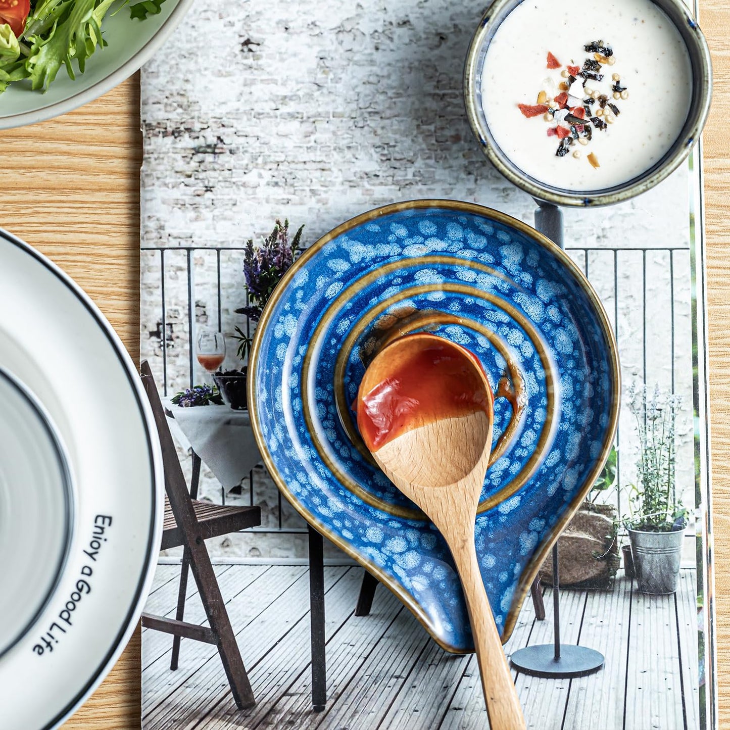 LAUCHUH Spoon Rest, Large Ceramic Spoon Holder for Kitchen Counter Spatula Rest Heat-Resistant Spoon Rest for Stove Top Cooking Utensil Holder, Farmhouse Kitchen Décor for Father's Day, Cream, 5 Inch