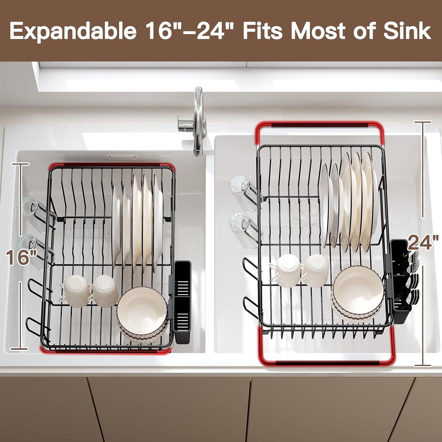 Over the Sink Expandable Dish Drainer Drying Rack In Stainless Steel for Small Kitchen, Counter Space Saving Modern Compact Metal Above Plate Dryer Strainer, Adjustable Hanging Inside Drain Holder