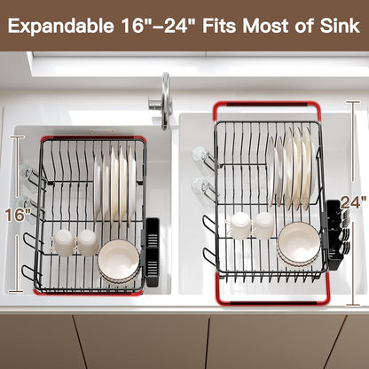 Over the Sink Expandable Dish Drainer Drying Rack In Stainless Steel for Small Kitchen, Counter Space Saving Modern Compact Metal Above Plate Dryer Strainer, Adjustable Hanging Inside Drain Holder