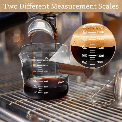 Joeyan 7 oz Espresso Cups, Glass Measuring Cup, Espresso Shot Cup with Spout and Wood Handle, Gray Espresso Shot Glass, Ribbed Milk Frothing Pitcher, Espresso Machine Coffee Bar Accessories