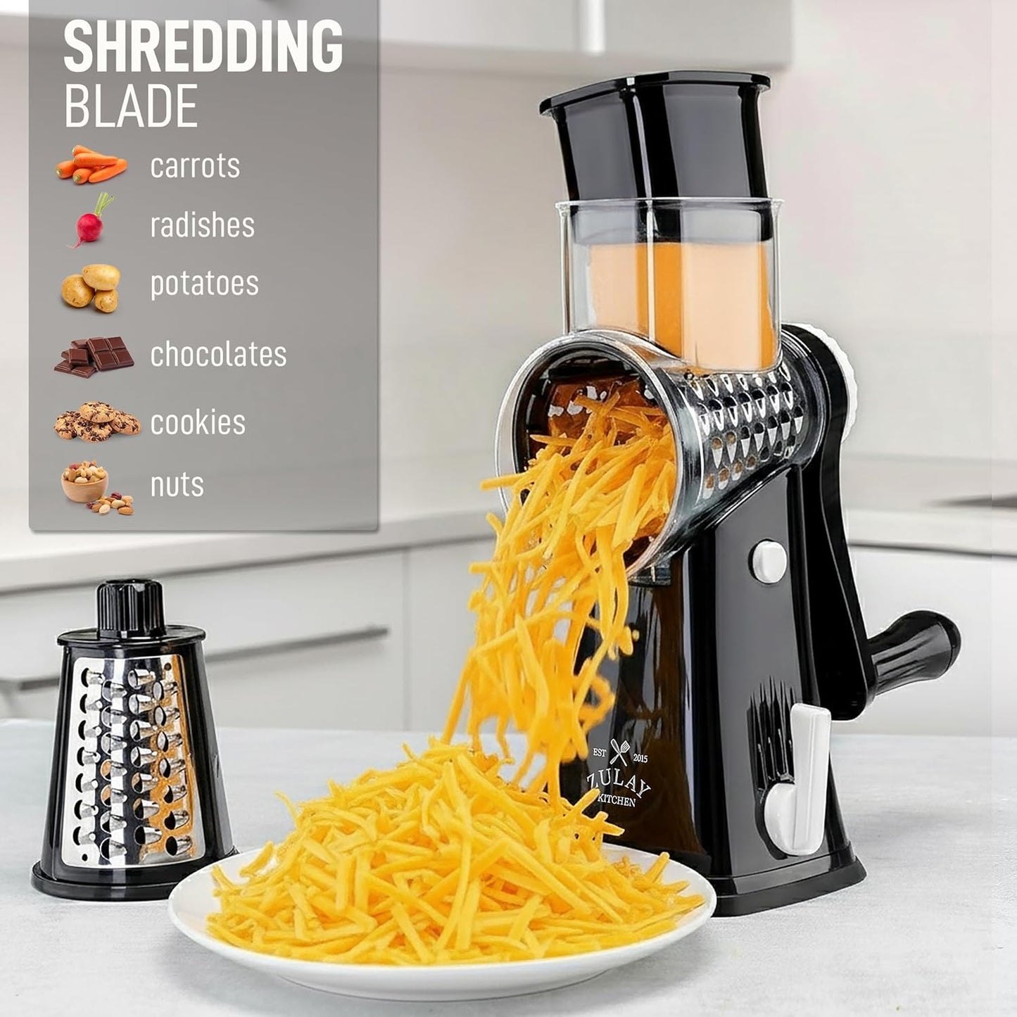 Zulay Kitchen Rotary Cheese Grater 5 Blade Cheese Shredder - Manual Hand Crank Cheese Grater With Reinforced Suction & 5 Interchangeable Drums - Easy to Use, Vegetable Chopper Round Mandoline Slicer - Colors A