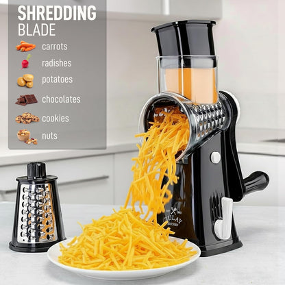 Zulay Kitchen Rotary Cheese Grater 5 Blade Cheese Shredder - Manual Hand Crank Cheese Grater With Reinforced Suction & 5 Interchangeable Drums - Easy to Use, Vegetable Chopper Round Mandoline Slicer - Colors A