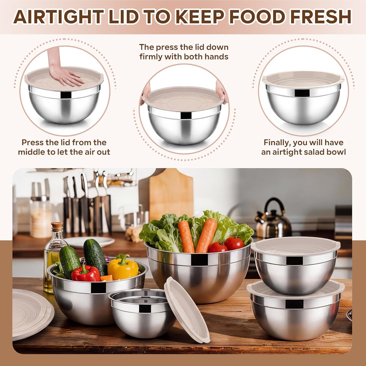 E-far Mixing Bowls with Lids, 6-Piece Stainless Steel Salad Bowls Metal Nesting Bowls for Baking Cooking and Prepping, Airtight Lids & Stackable Design, Size 4.5, 3, 1.5 QT (Black)