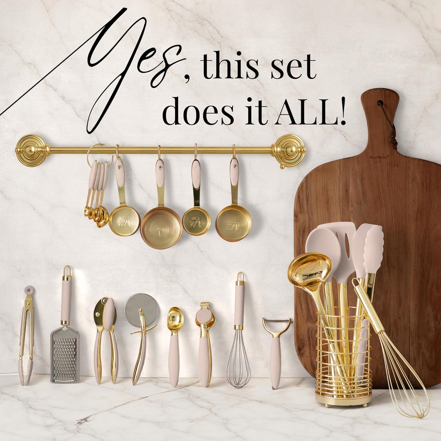 Gold and Beige Kitchen Utensils Set – 8 PC Cooking Gadgets with Mini Gold Whisk and Tongs, Pizza Cutter, Garlic Press, Cheese Grater, Peeler, Can Opener, Scoops – Stylish Beige Kitchen Accessories