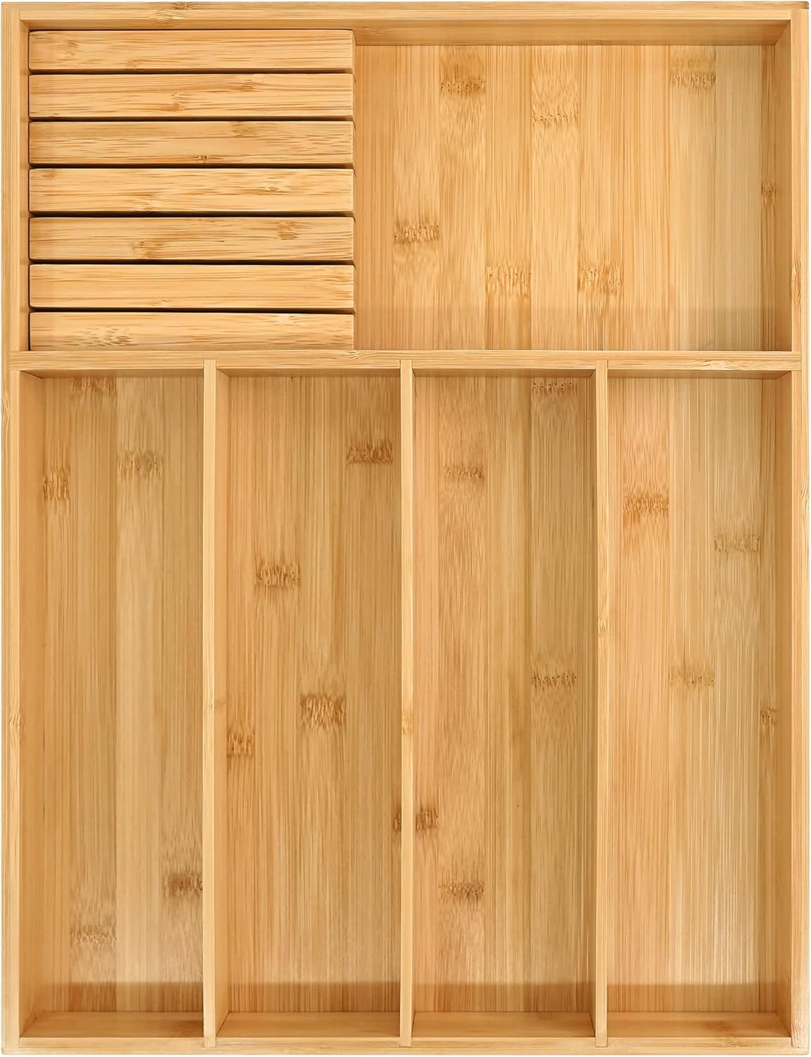VaeFae Bamboo Silverware Drawer Organizer Kitchen, Expandable Utensil Organizer with Knife Block, Cutlery Tray with Divider, Multifunctional Drawer Organizer (Black)