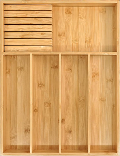 VaeFae Bamboo Silverware Drawer Organizer Kitchen, Expandable Utensil Organizer with Knife Block, Cutlery Tray with Divider, Multifunctional Drawer Organizer (Black)