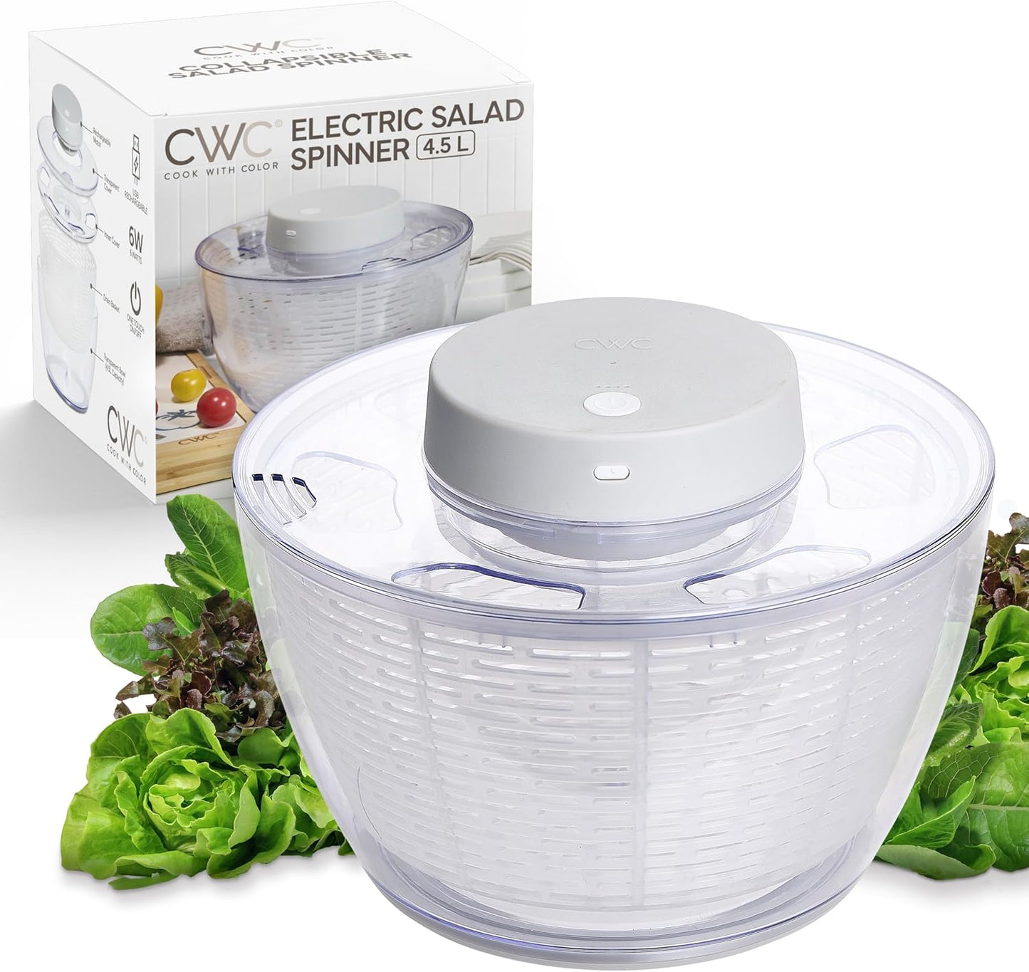 COOK WITH COLOR Electric Salad Spinner, Round 4.5L Capacity – Fast Drying & Easy Spin for Fresh Greens, Cream