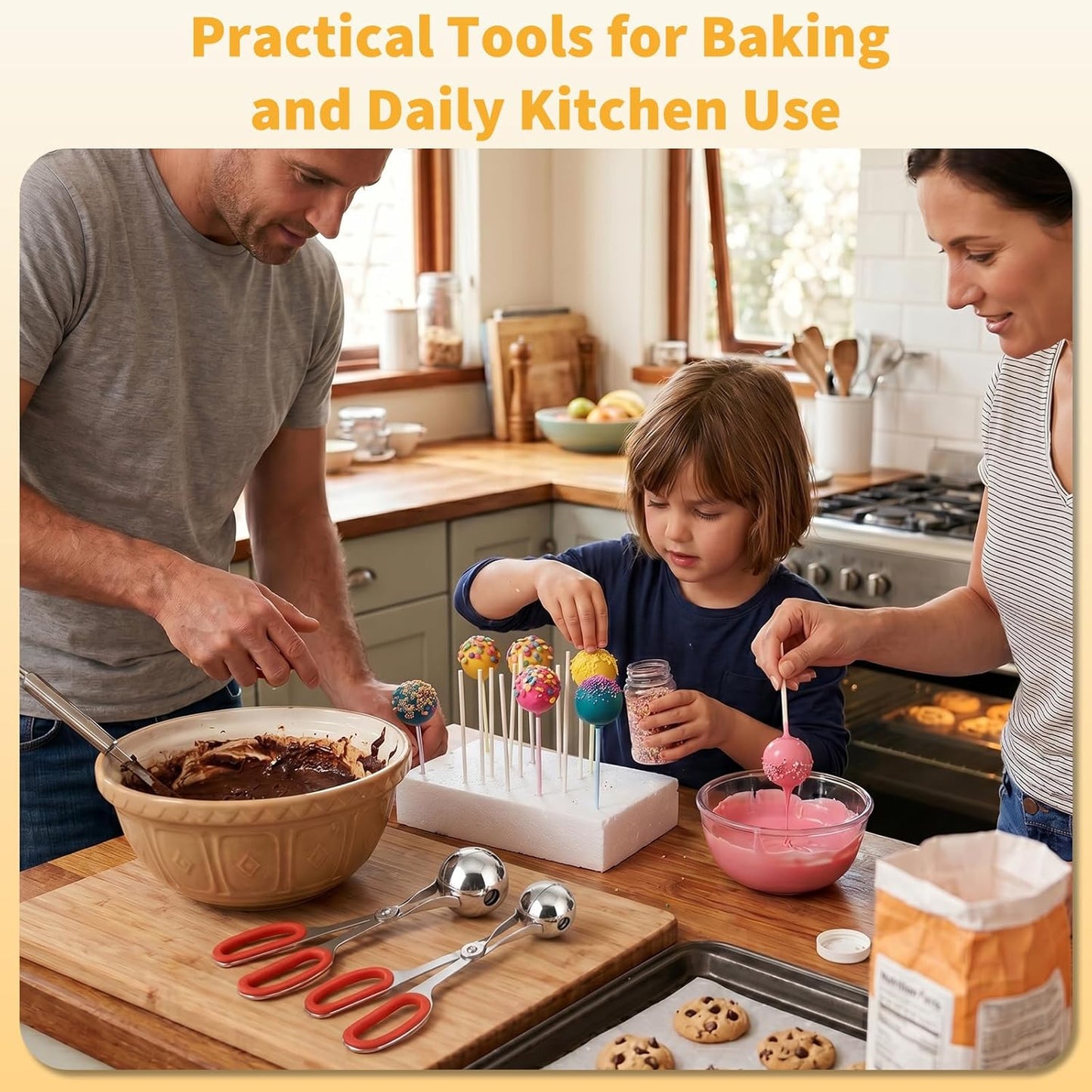 Cake Pop Scoop Stainless Steel, 2-Pack Cake Ball Maker, Non-Slip Handle Used for Cake Sticks and Cookie Dough, Quick Scooping and Shaping, One Large and One Small Product Non-Stick Food Spoon
