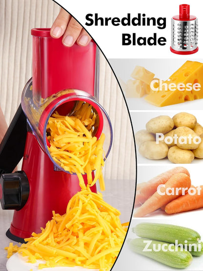 Rotary Cheese Grater with Handle - 3 in 1 Cheese Shredder Rotary Grater Stainless Steel Handheld, Vegetable Slicer for Fruit, Cheese, Nuts(Red)