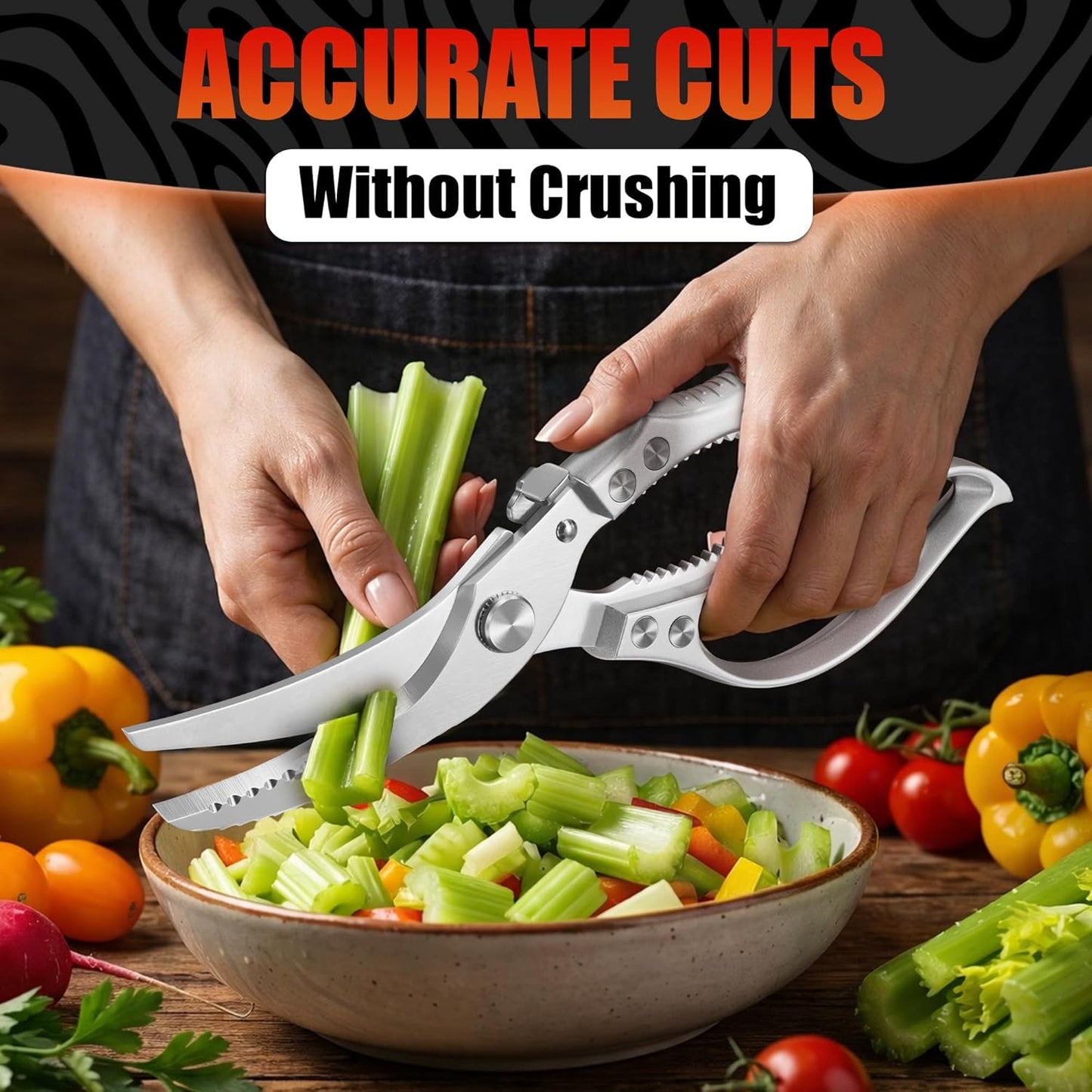 2 in 1 Kitchen Scissors for Food – Stainless Steel Blade & Plastic Cutting Board Scissors with Safety Lock | 9.5" Tomato Knife, Fruit & Vegetable Cutter – Easy-to-Use Kitchen Shears for Meat, Cheese