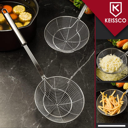 KEISSCO Stainless Steel Spider Strainer Skimmer Spoon For Frying and Cooking - Set of 3 Solid Wire Asian Strainer Ladle Pasta Strainer with Long Handle, Professional Kitchen Skimmer Ladle