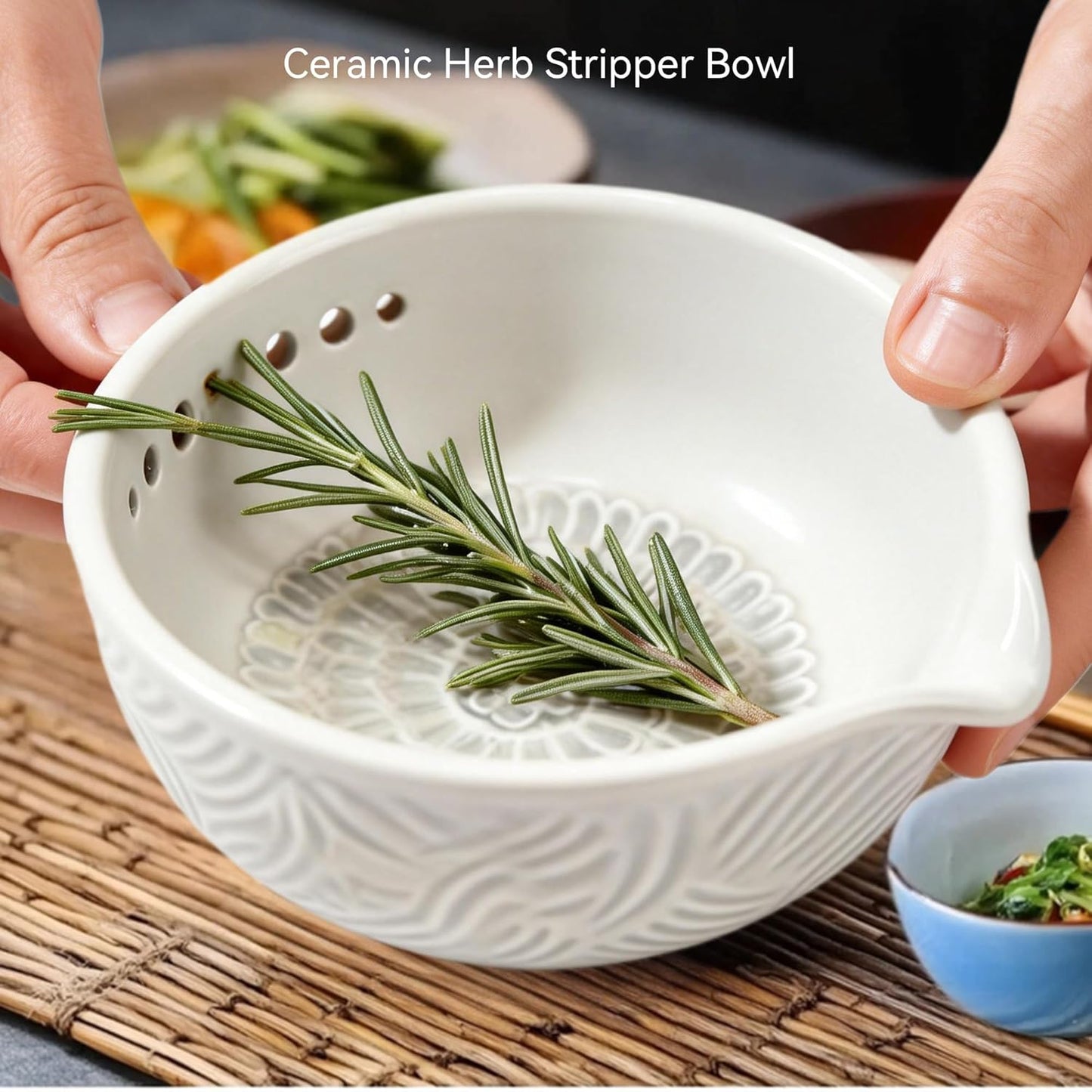 Ceramic Herb Stripper Bowl and Garlic Grater, 2-in-1 Handmade Herb Bowl with 7 Hole Sizes for Kale, Built-In Garlic Ginger Grater Plate Tool, Multi-functional Kitchen Tool with Drainage Port (1 Pcs)
