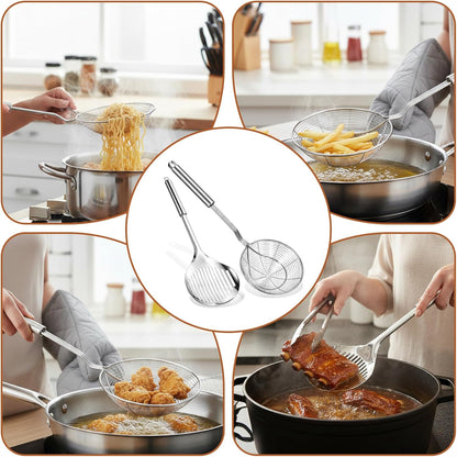 2Pcs Versatile Stainless Steel Spider Strainer Solid Kitchen Strainer Ladle with Long Handle, Kitchen Gadgets for Cooking and Frying, Ladle Spider Strainers Skimmer for Pasta, Noodle, Spaghetti