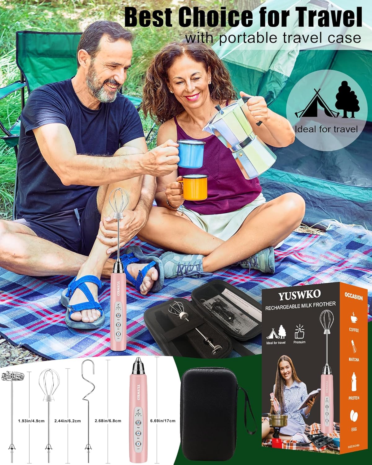 YUSWKO Black Handheld Milk Frother Wand for Coffee, Rechargeable Electric Whisk with 3 Heads 3 Speeds Drink Mixer Coffee Frother For Latte, Cappuccino, Hot Chocolate, Egg