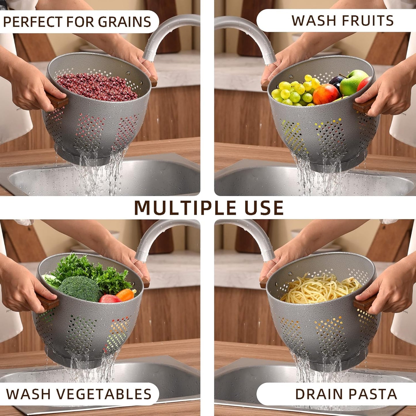 Metal Colander with Wood Handle and Stable Base, 5.5 Quart Powder Coated Steel Kitchen Strainer Basket for Draining Pasta, Vegetable and fruit,Cream