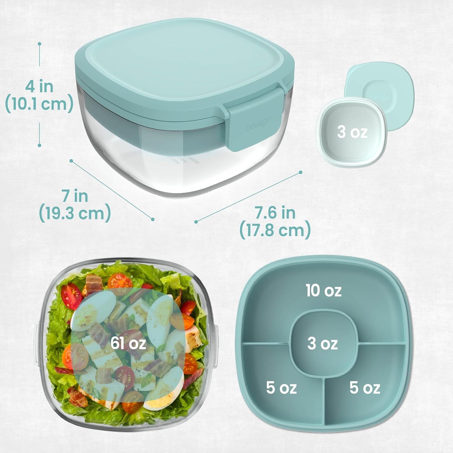 Bentgo Glass Prints Salad Container - 7.6-Cup Tinted Glass Salad Bowl with Airtight Lid, Leak-Proof Sauce Container, 4-Compartment Bento Meal Prep Tray & Reusable Fork (Floral Maximalist - Sea)