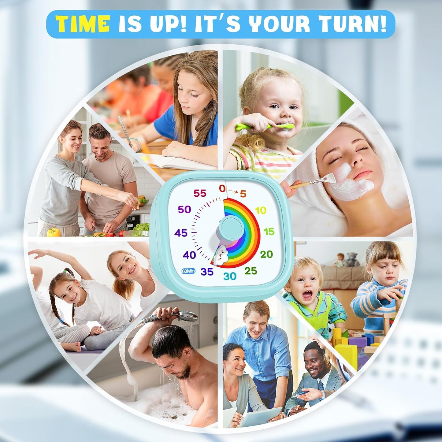 HIPPIH Visual Timer for Kids - 60 Minute Pomodoro Timers for Classroom Kitchen Office, Countdown Kids Timer Clock with Rainbow Disk, Desk Time Management Tool for Toddler with Silent Operation, Blue