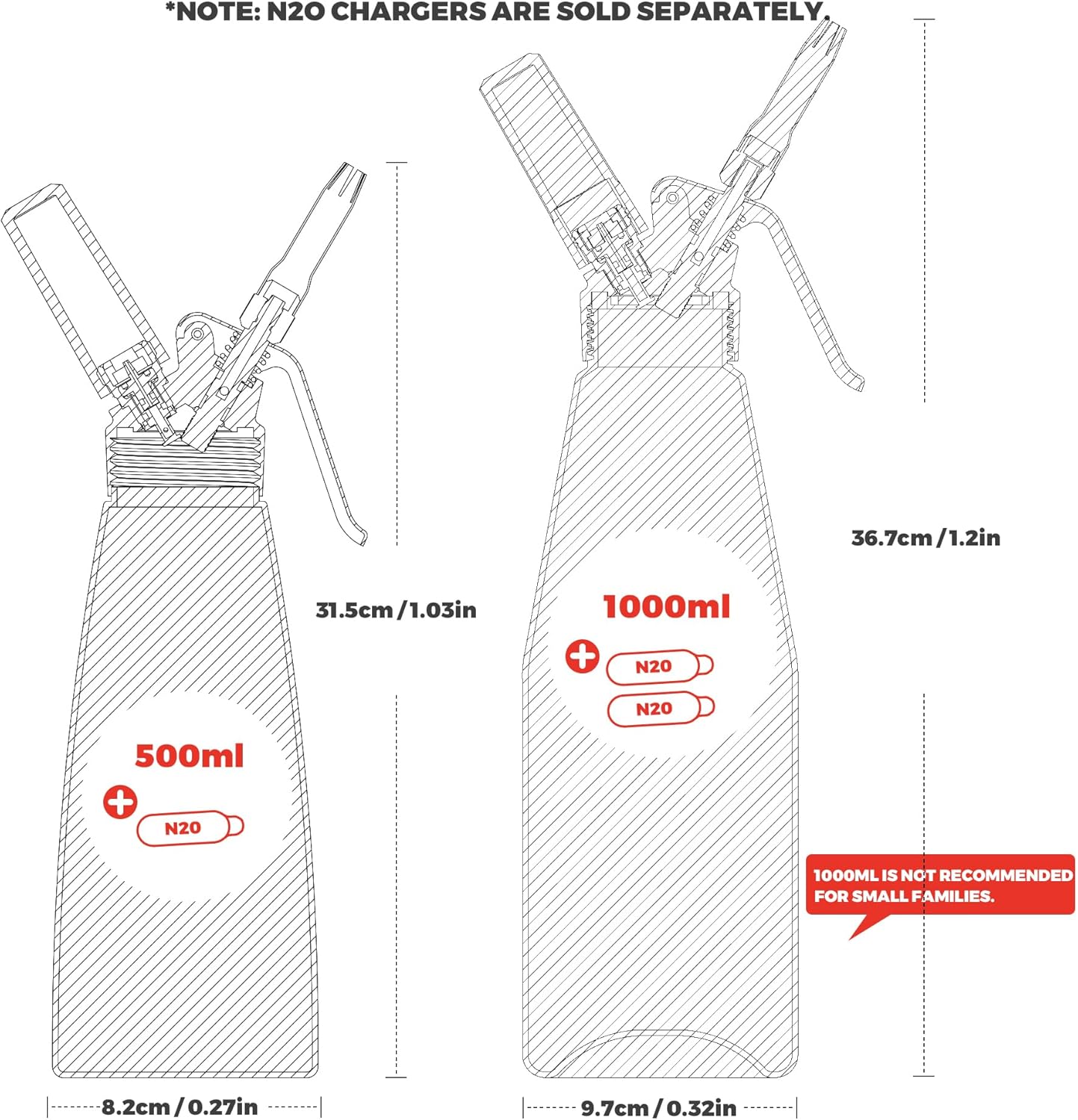 Professional Aluminum Whipped Cream Dispenser - 500 mL/1 Pint,Leak-Free Whipped Cream Maker Canister with 8 Decorating Nozzles & Cleaning Brush - N2O Chargers (Not Included) (Silver, 500ml)