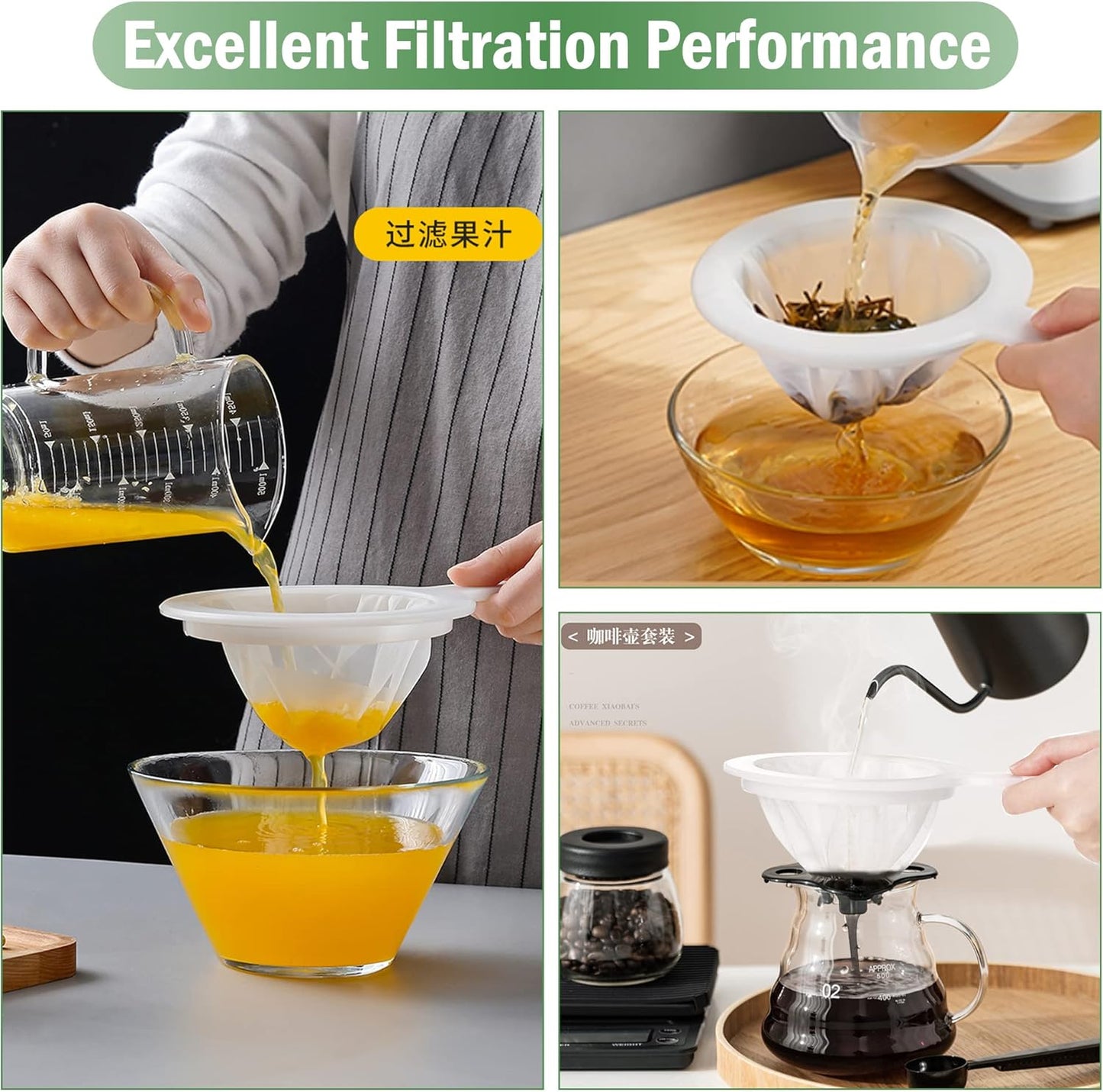 2PCS 450 Mesh Fine Mesh Filter with PP Material Non-Slip Anti-Scalding Handle Safe and Durable Sieve for Kitchen Tea Soy Milk Coffee Juice, 12.72x6.85x3.86 inch