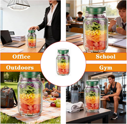 Salad Jar with Side Opening - Leakproof Salad Container & Pod, Mason Jar with Dressing Cup, Portable Lunch Container for Meal Prep, Dishwasher & Freezer Safe, for Office, Gym(Green)