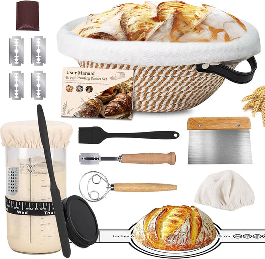Sourdough Starter Kit, Banneton Proofing Basket 10" Round, Sourdough Bread Baking Supplies With Starter Jar, Bread Sling&Lame, Danish Dough Whisk Sour Dough Kits Gifts for Bakers Women Wife Mom