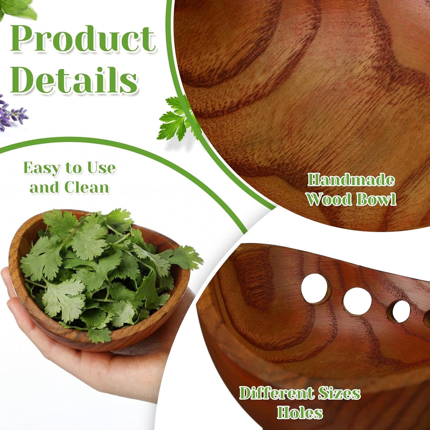 Novabright 1 Pack Wooden Herb Stripper Bowls, Wood 5 Holes Kitchen Herbs Peeling Bowl, Leaf Stripping Peeler for Separating Leaves and Stems, Salads & Cooking, Pottery Kitchen Tool