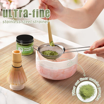 Matcha Whisk Set: Matcha Set with Bamboo Matcha Whisk and Ceramic Holder,Bamboo Scoop+Wooden Spoon,Scoop Holder,Sifter - Cute Matcha Tea Set - 6 Pcs Matcha Kit - Tools for Matchas Ceremonial Grade Kit