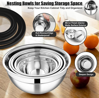 E-far Mixing Bowls Set of 5, Stainless Steel Salad Mixing Bowl with Transparent Lid, Metal Nesting Bowl Attach with 3 Graters for Kitchen Prepping/Serving/Baking/Storage, 4.6/2.6/1.5/1/0.7 QT - Khaki