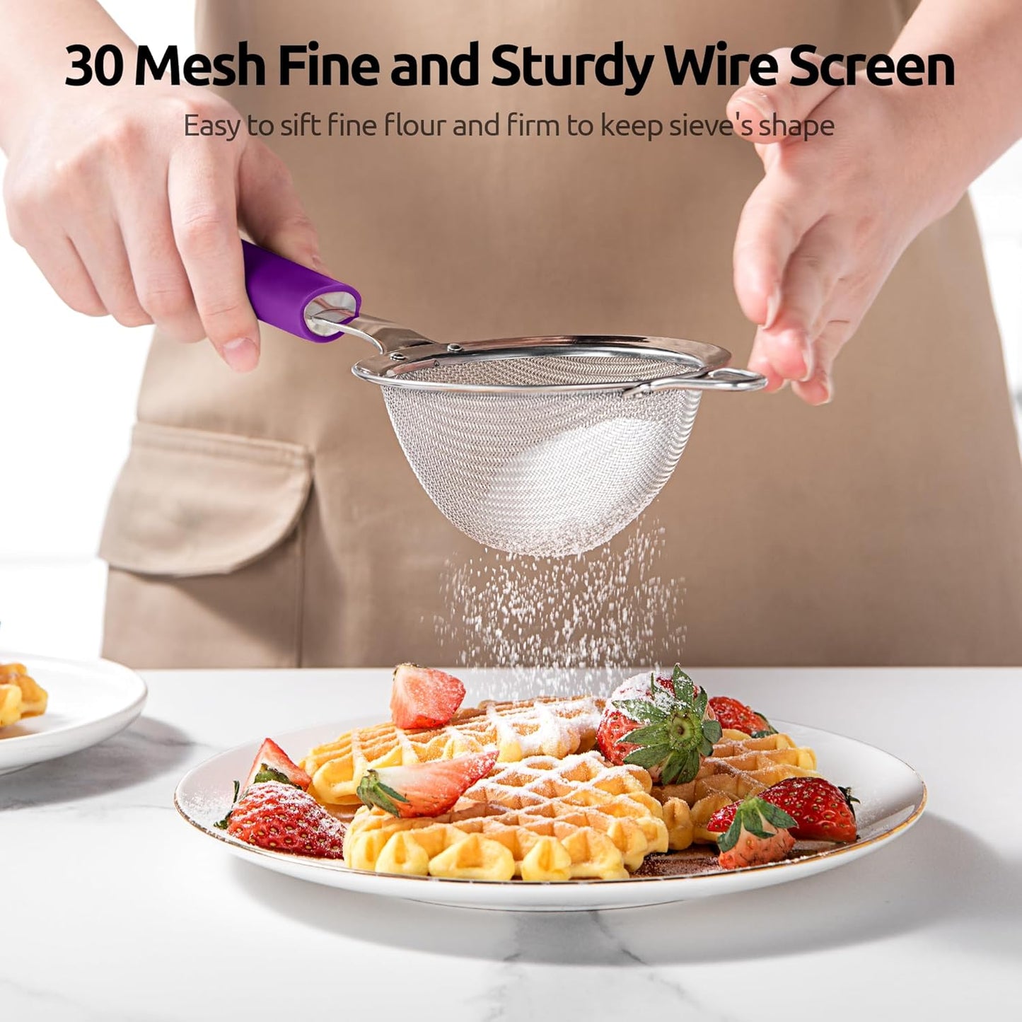U-Taste Medium Fine Mesh Strainer: 18/8 Stainless Steel 4.73in 30 Mesh Kitchen Food Sieve with Sturdy Riveted Silicone Handle, Heavy Duty Deep Handheld Metal Colander for Rice, Quinoa, Flour (Black)