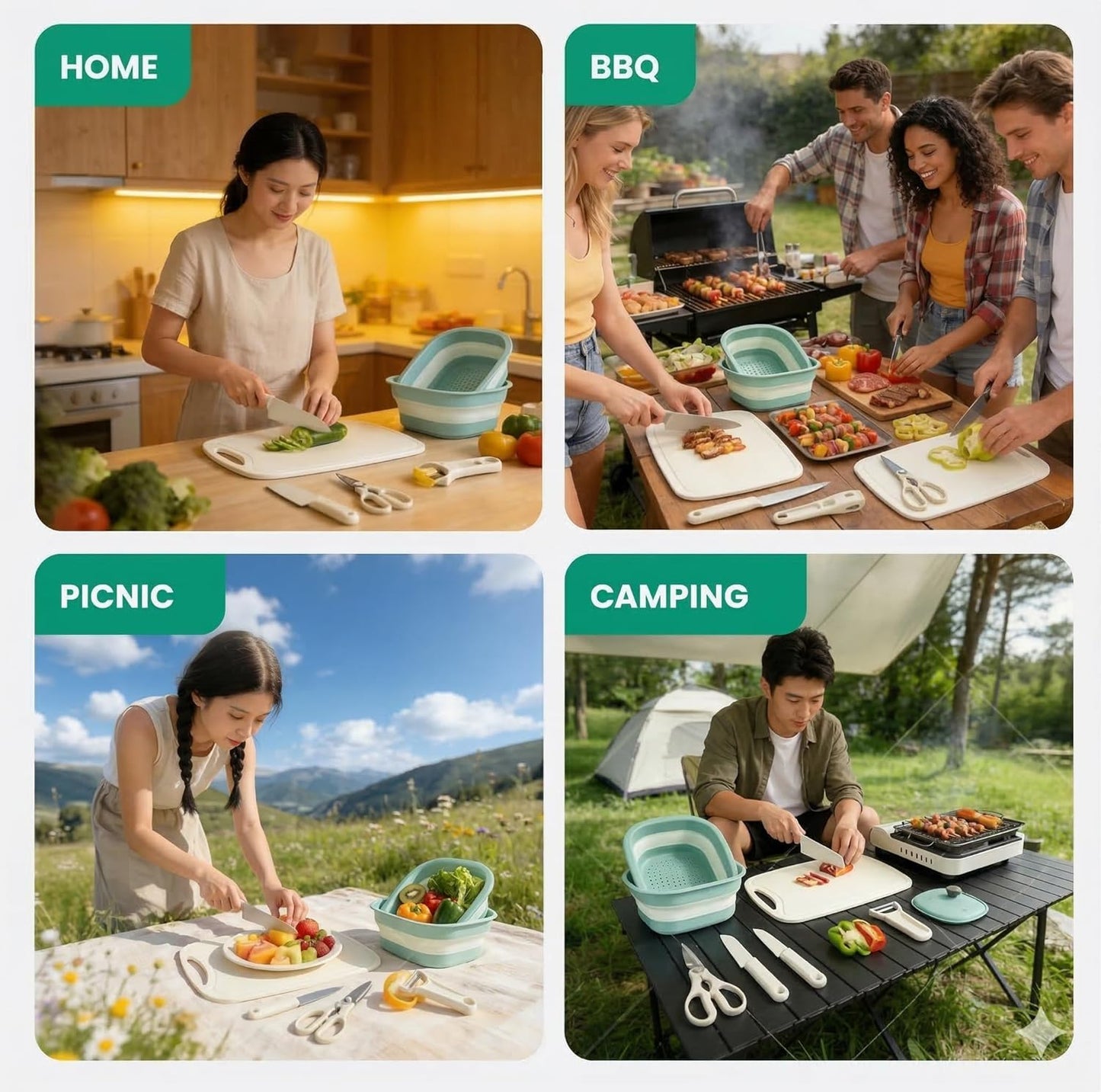 7 in 1Cutting Board and Knife Set, Travel Cutting Board Set with 2 Knives, Kitchen Scissors & Peeler, Collapsible 2-Piece Colander Wash Basin 30.5×27.8cm, Camping Cutting Board, Camping Knife Set