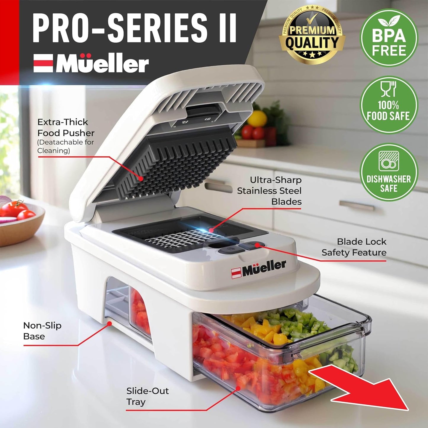 Mueller Pro-Series 10-in-1, 8 Blade Vegetable Chopper, Onion Mincer, Cutter, Dicer, Egg Slicer with Container, French Fry Cutter Potato Slicer, Home Essentials, Salad Chopper White Sand/Green