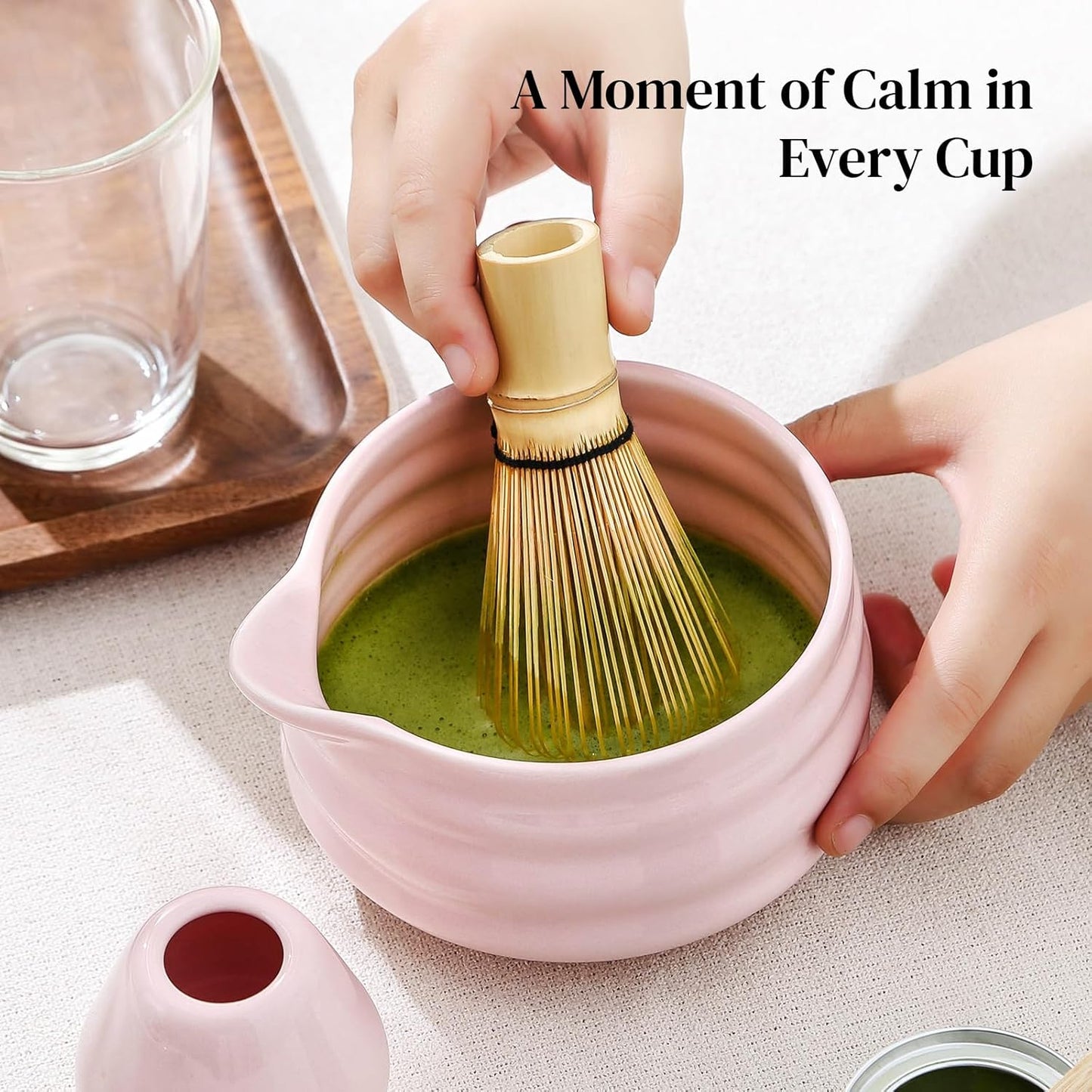 DOWAN Matcha Whisk Set, 7 Pcs Matcha Set Includes Bowl with Spout, Whisk and Holder, Bamboo Scoop and Holder, Sifter and Tea Towel - Matcha Kit Gift for Lovers Beginners (Pink)