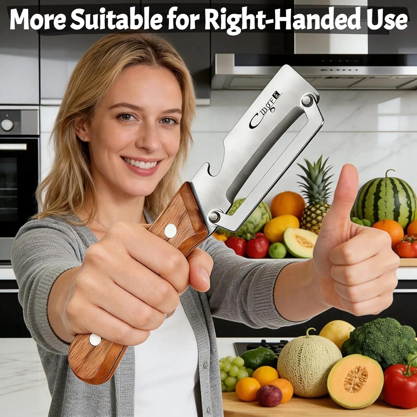 TEEVEA Multifunctional Vegetable Peeler, Zero Flex & Zero Snag, Stainless Steel with Wooden Handle, 2 in 1 Peeler with Bottle Opener for Fruit Potato Apple Carrot