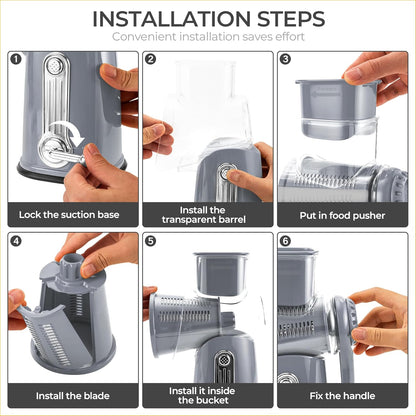 SUSTEAS Rotary Cheese Grater with Handle - Vegetable Shredder with 5 Well-designed Blades & Strong Suction Base,Round Mandoline Slicer & Food Chopper for Kitchen,with Blade Storage Box(Beige)