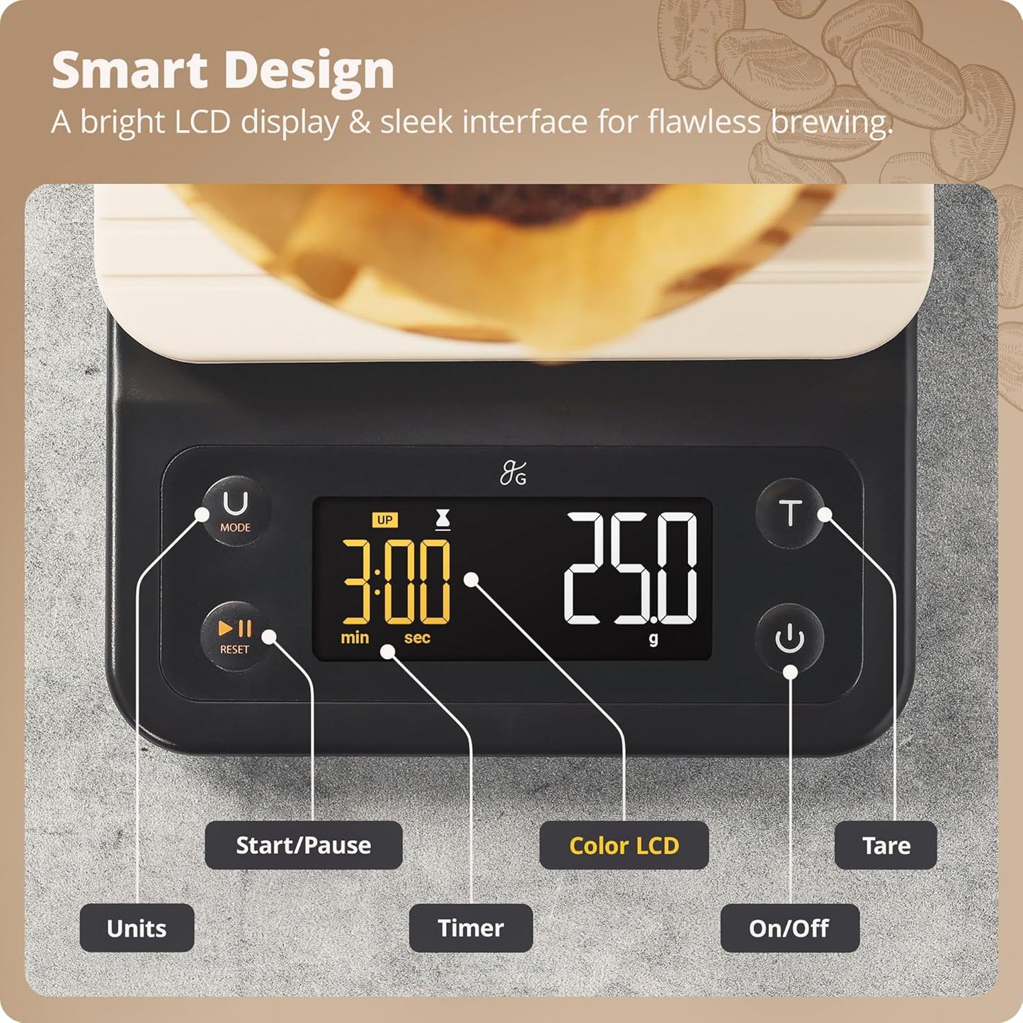 Greater Goods Coffee Scale with Timer – 0.1g Precision Digital Coffee & Espresso Scale for Pour-Over, Coffee Bean Weighing, Barista Brewing, Waterproof Cover, 3kg Capacity (Onyx Black)