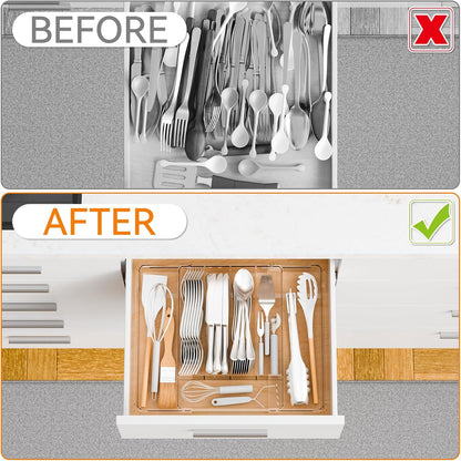 Yieach Clear Expandable Silverware Drawer Organizer,9.4-15.6In Adjustable Silverware Tray for Drawer,Acrylic Kitchen Utensil Drawer Organizer for Cutlery,Flatware Organizers and Fork and Spoon Holder